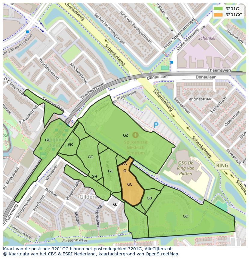 Afbeelding van het postcodegebied 3201 GC op de kaart.