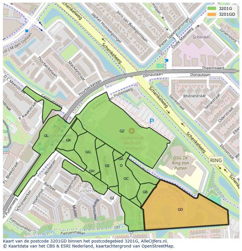 Afbeelding van het postcodegebied 3201 GD op de kaart.