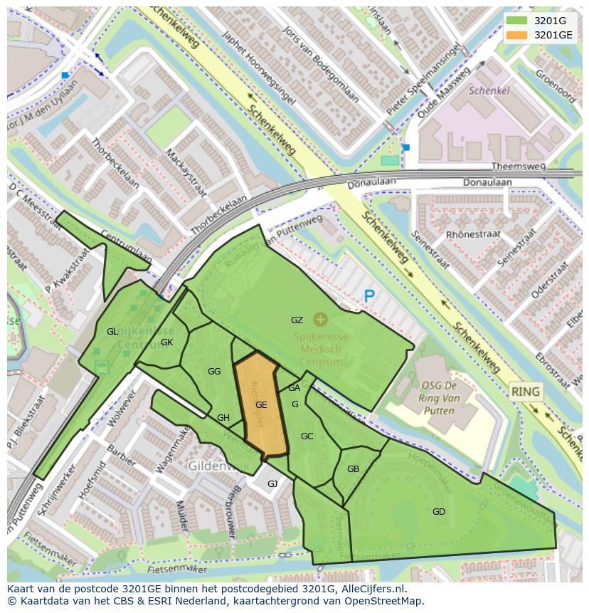 Afbeelding van het postcodegebied 3201 GE op de kaart.