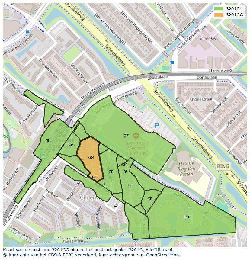 Afbeelding van het postcodegebied 3201 GG op de kaart.