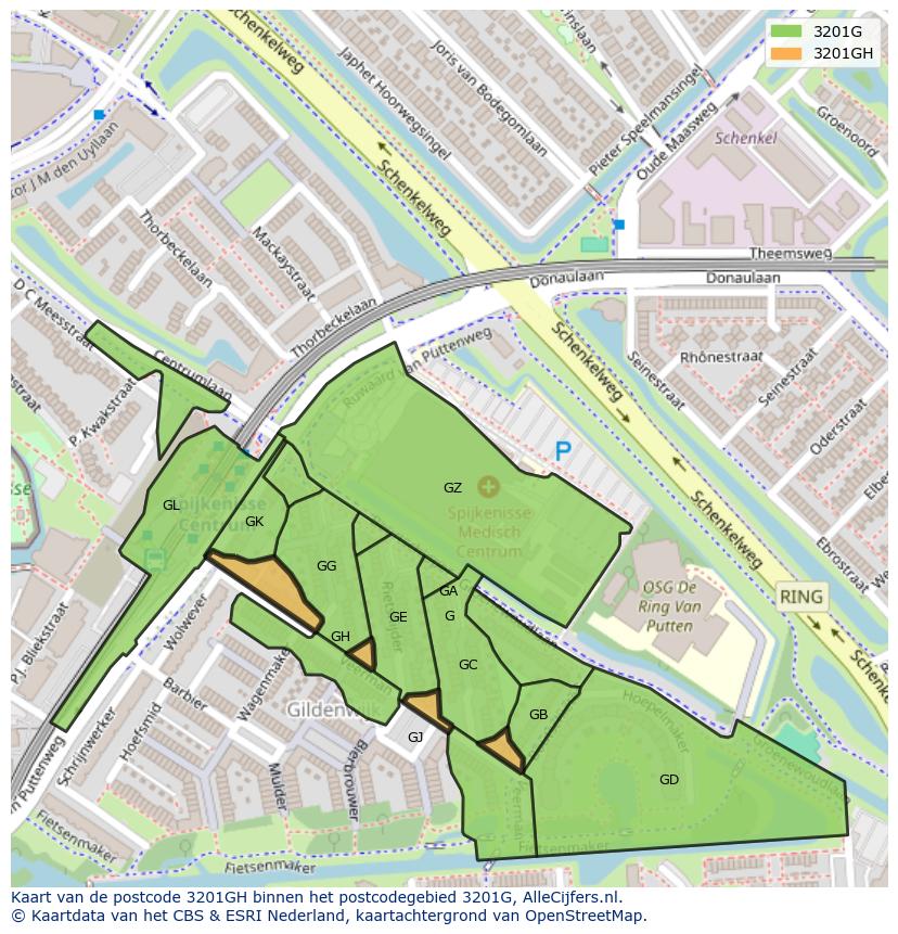 Afbeelding van het postcodegebied 3201 GH op de kaart.
