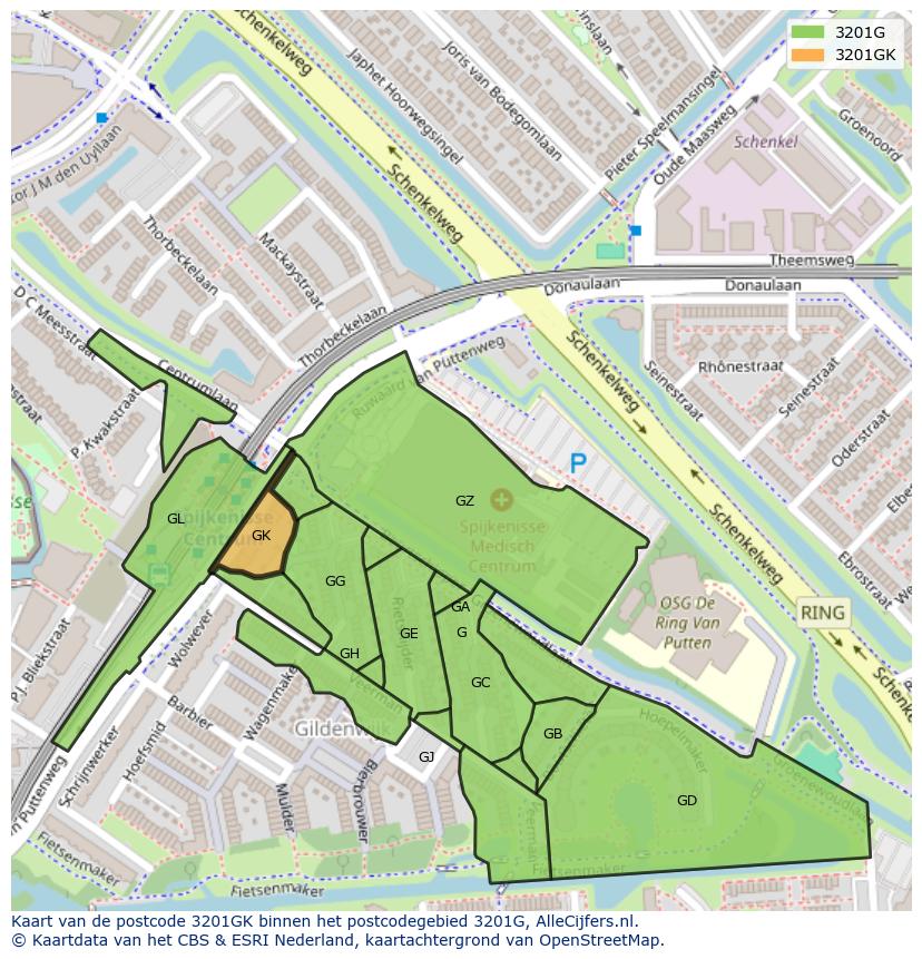 Afbeelding van het postcodegebied 3201 GK op de kaart.
