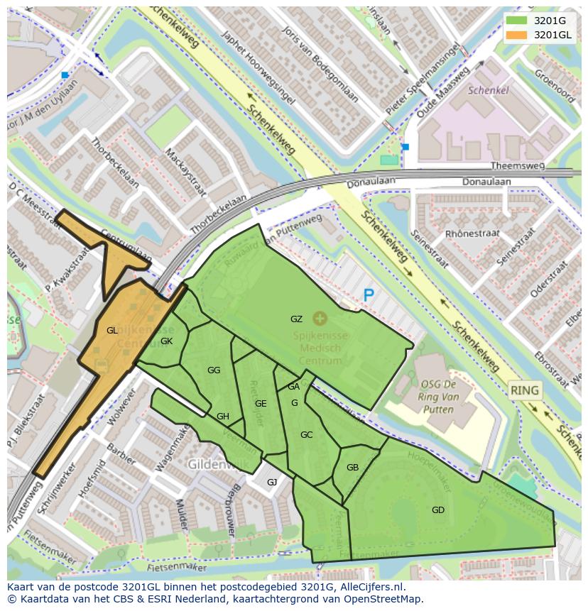 Afbeelding van het postcodegebied 3201 GL op de kaart.