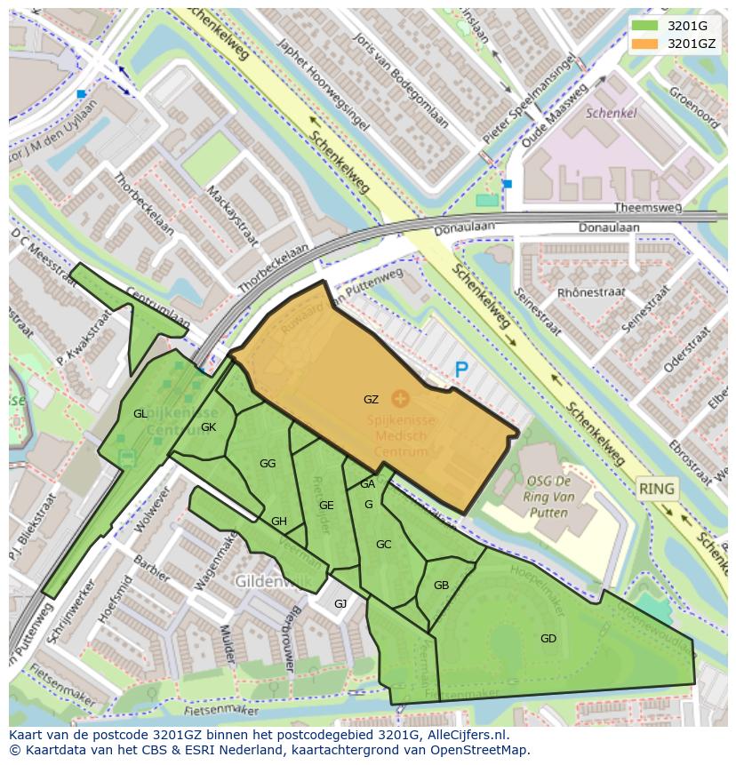 Afbeelding van het postcodegebied 3201 GZ op de kaart.