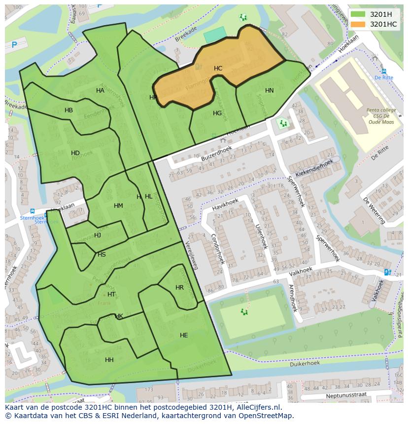 Afbeelding van het postcodegebied 3201 HC op de kaart.