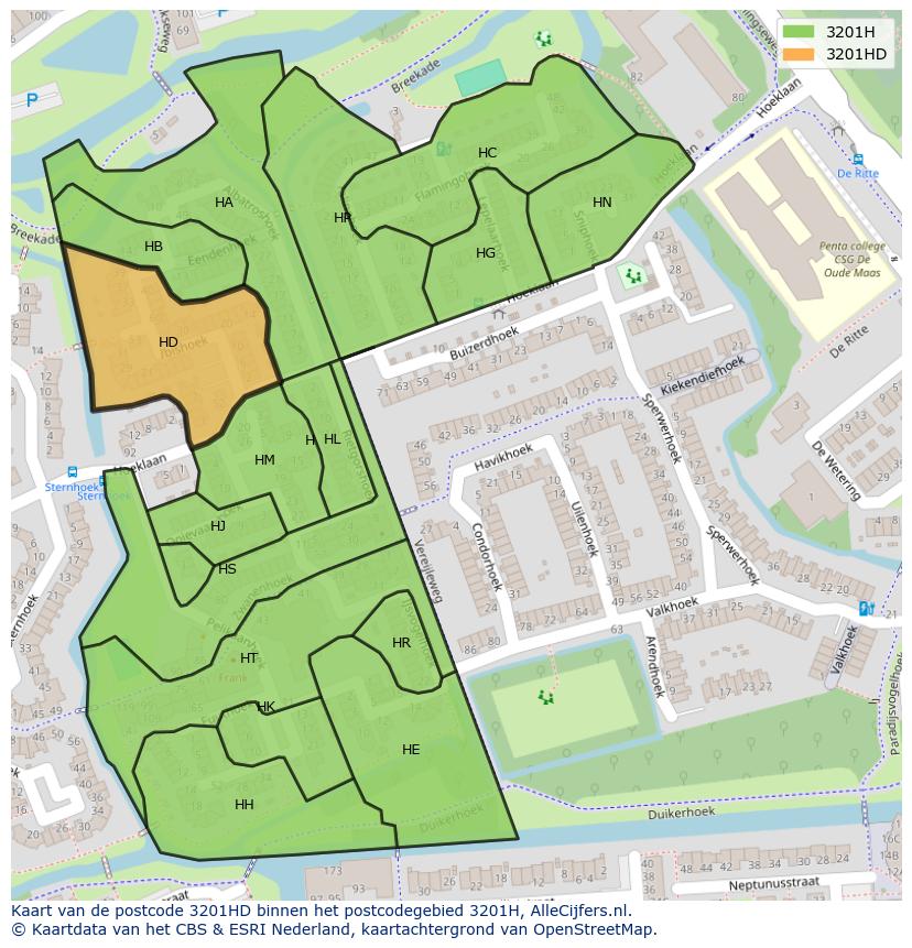 Afbeelding van het postcodegebied 3201 HD op de kaart.