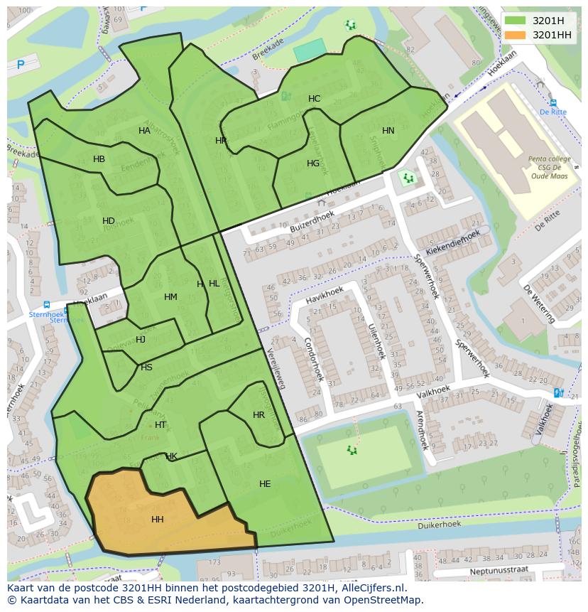 Afbeelding van het postcodegebied 3201 HH op de kaart.