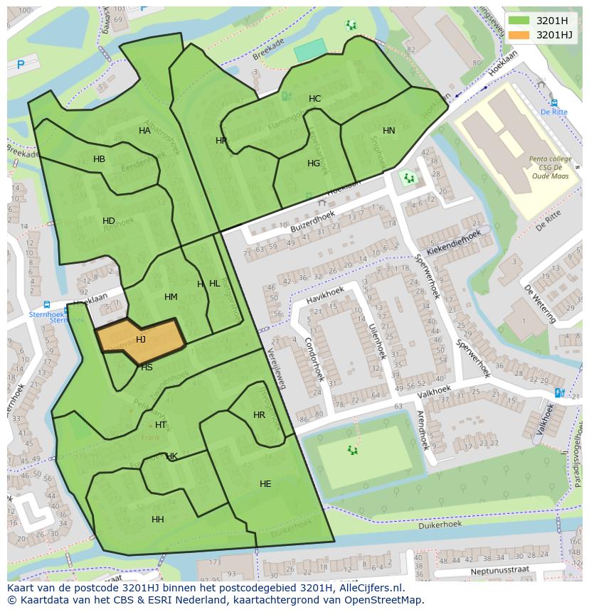 Afbeelding van het postcodegebied 3201 HJ op de kaart.