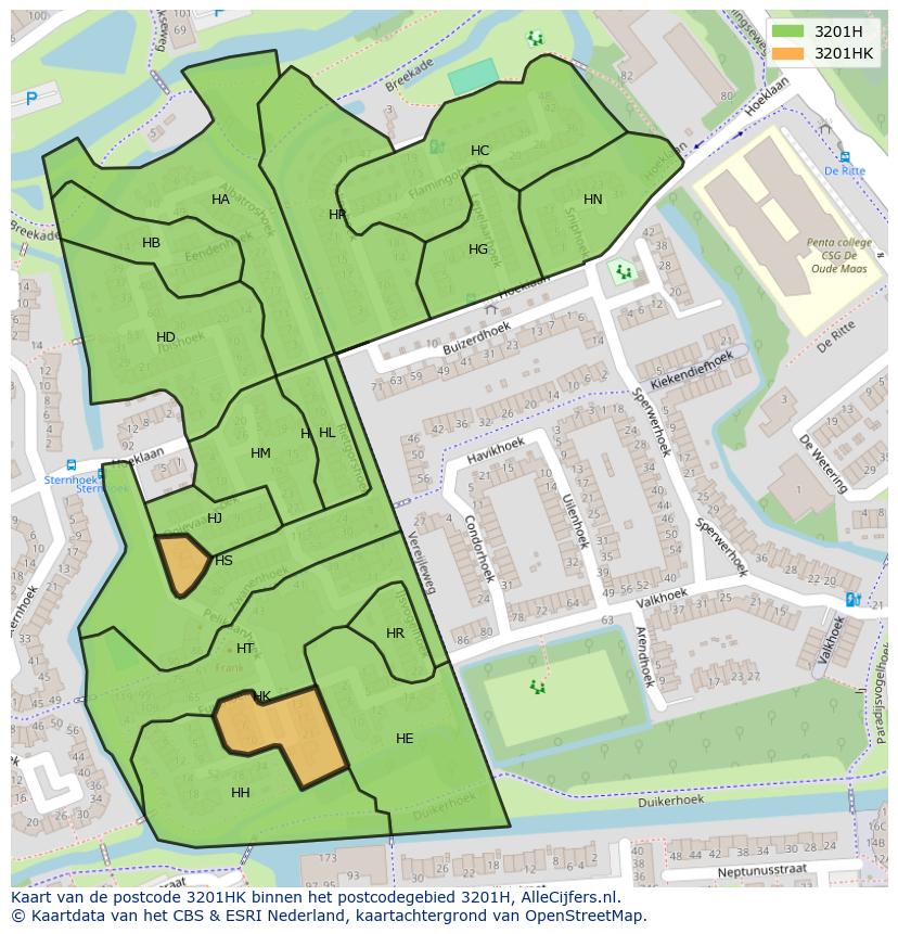 Afbeelding van het postcodegebied 3201 HK op de kaart.