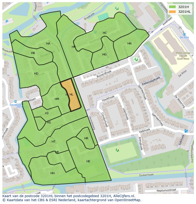 Afbeelding van het postcodegebied 3201 HL op de kaart.