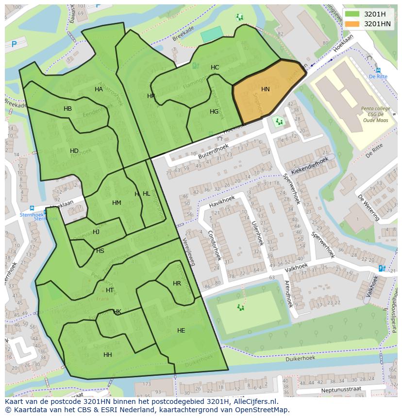 Afbeelding van het postcodegebied 3201 HN op de kaart.