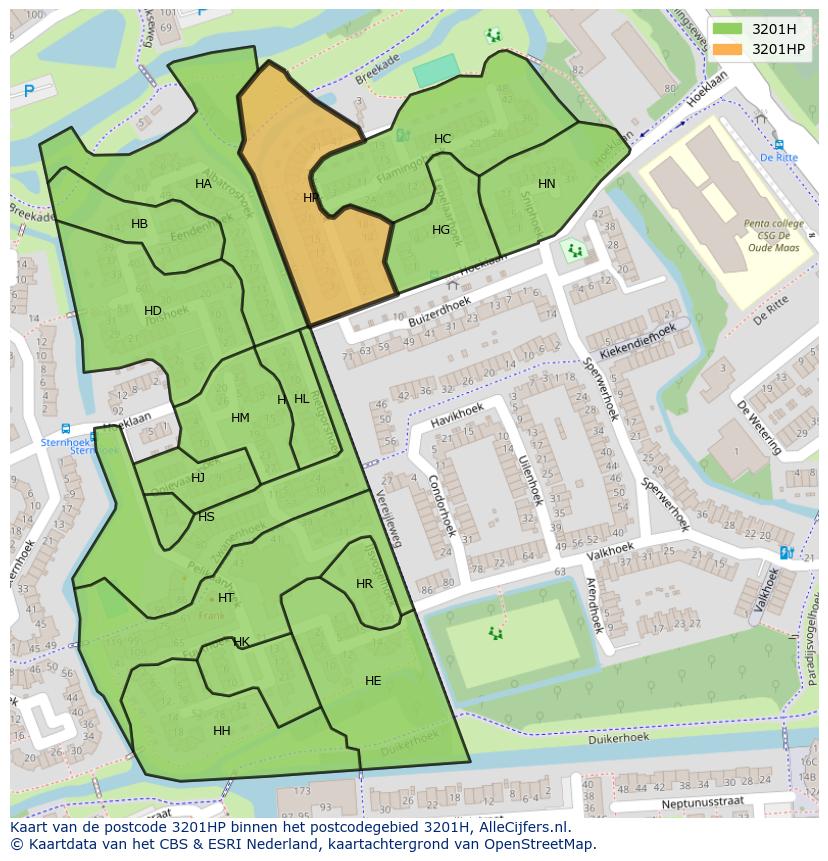 Afbeelding van het postcodegebied 3201 HP op de kaart.