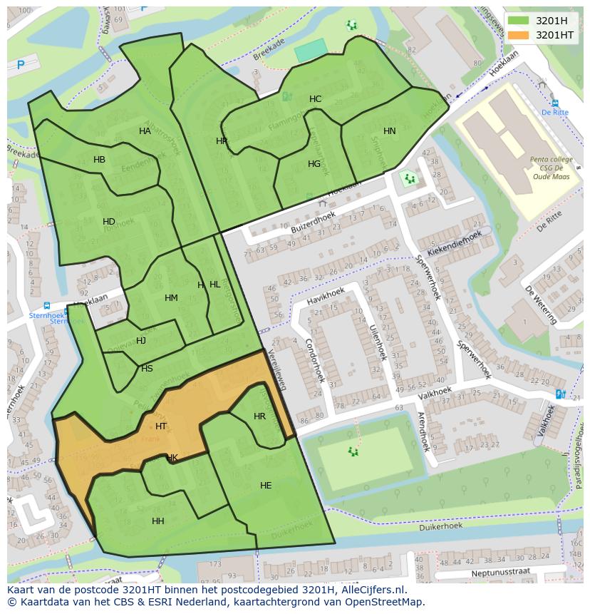 Afbeelding van het postcodegebied 3201 HT op de kaart.