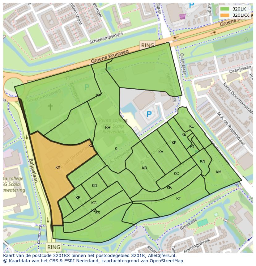 Afbeelding van het postcodegebied 3201 KX op de kaart.