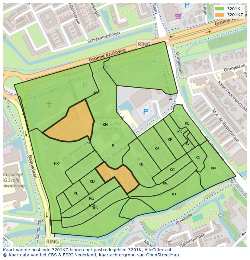 Afbeelding van het postcodegebied 3201 KZ op de kaart.