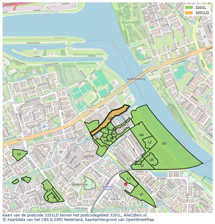 Afbeelding van het postcodegebied 3201 LD op de kaart.