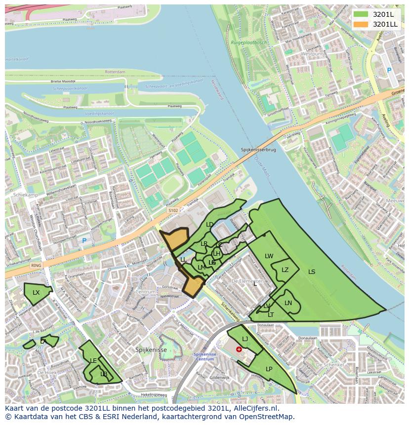 Afbeelding van het postcodegebied 3201 LL op de kaart.