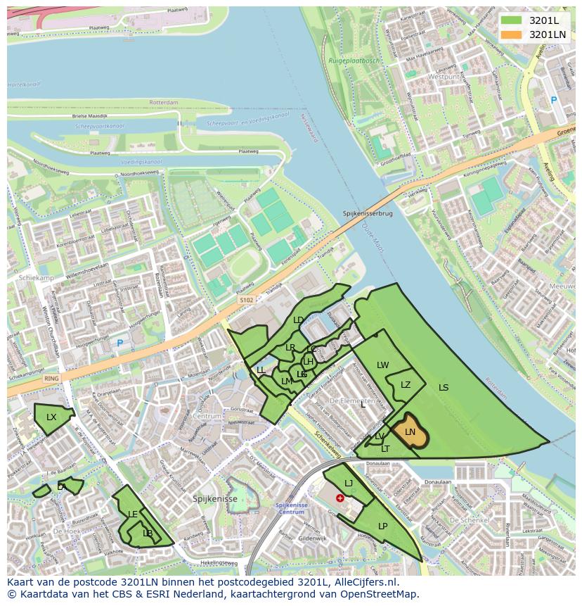 Afbeelding van het postcodegebied 3201 LN op de kaart.