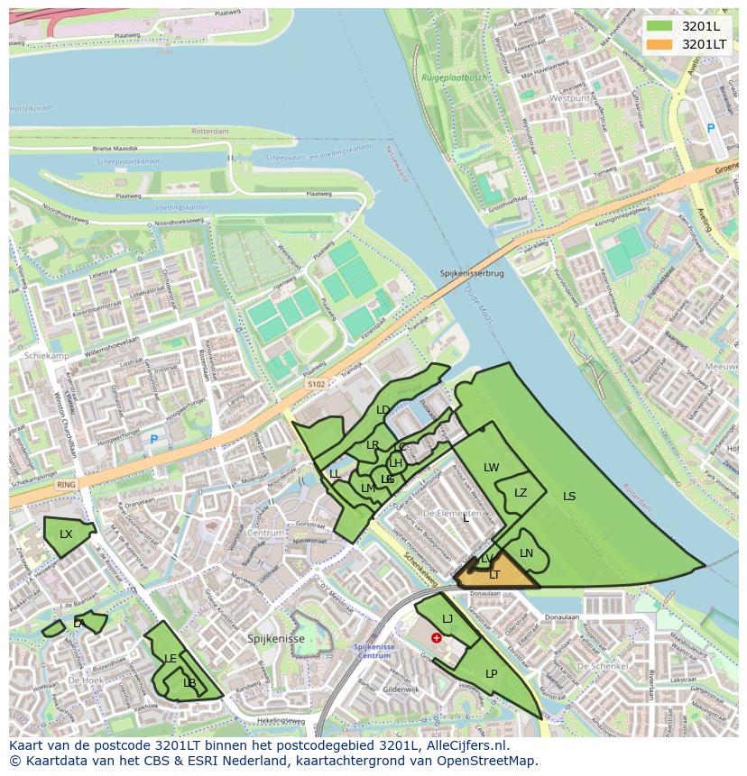 Afbeelding van het postcodegebied 3201 LT op de kaart.