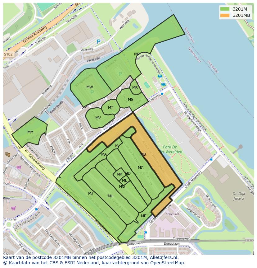 Afbeelding van het postcodegebied 3201 MB op de kaart.
