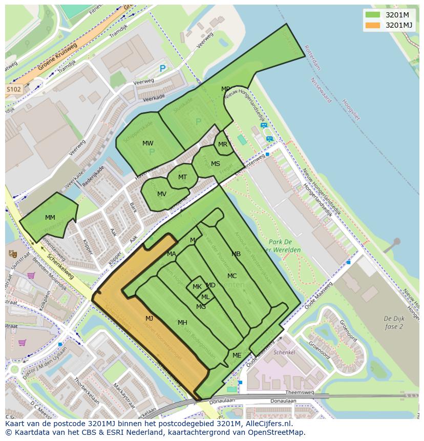 Afbeelding van het postcodegebied 3201 MJ op de kaart.