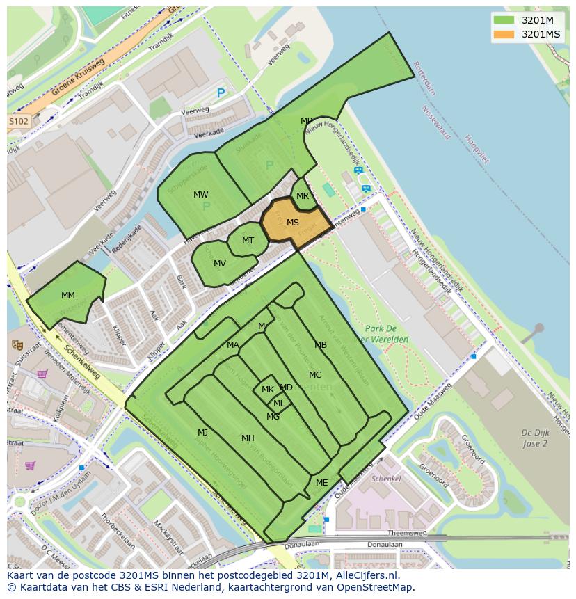 Afbeelding van het postcodegebied 3201 MS op de kaart.