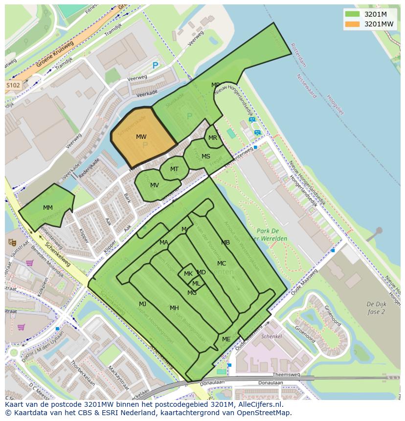Afbeelding van het postcodegebied 3201 MW op de kaart.