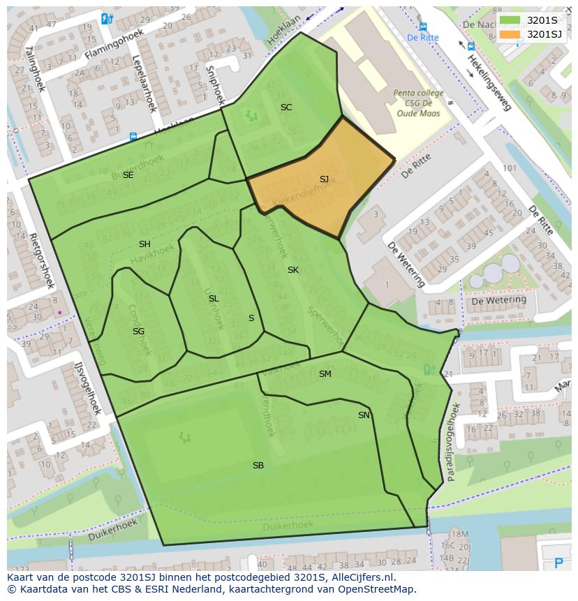 Afbeelding van het postcodegebied 3201 SJ op de kaart.