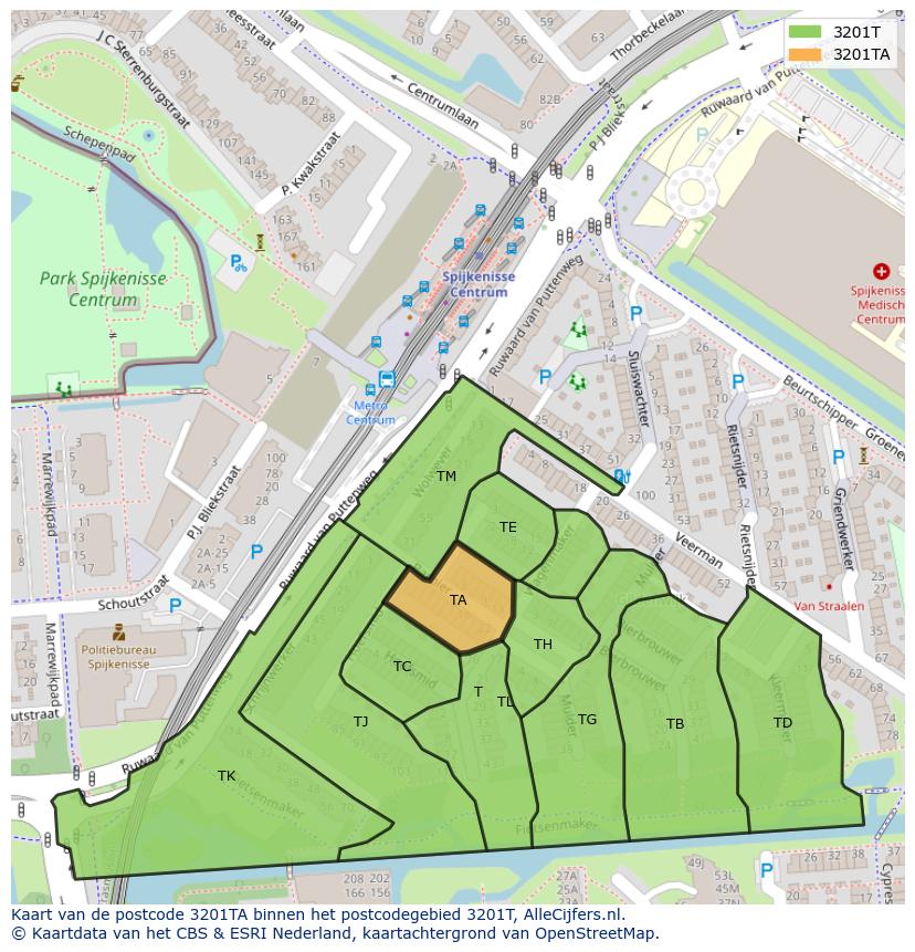 Afbeelding van het postcodegebied 3201 TA op de kaart.