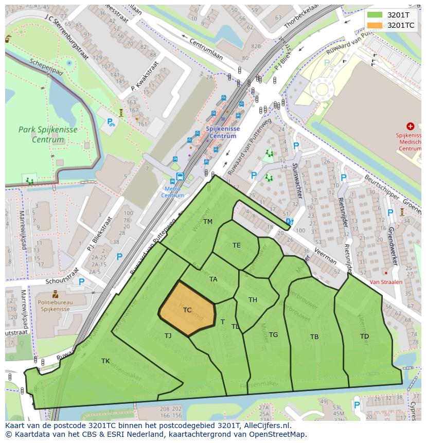 Afbeelding van het postcodegebied 3201 TC op de kaart.