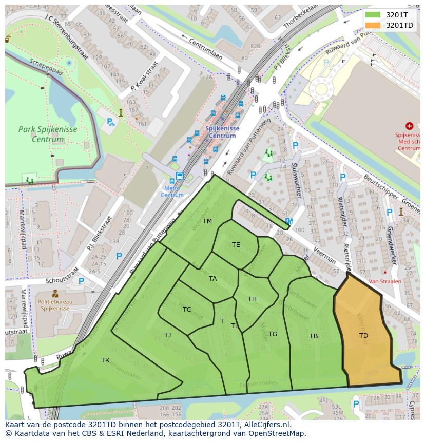 Afbeelding van het postcodegebied 3201 TD op de kaart.