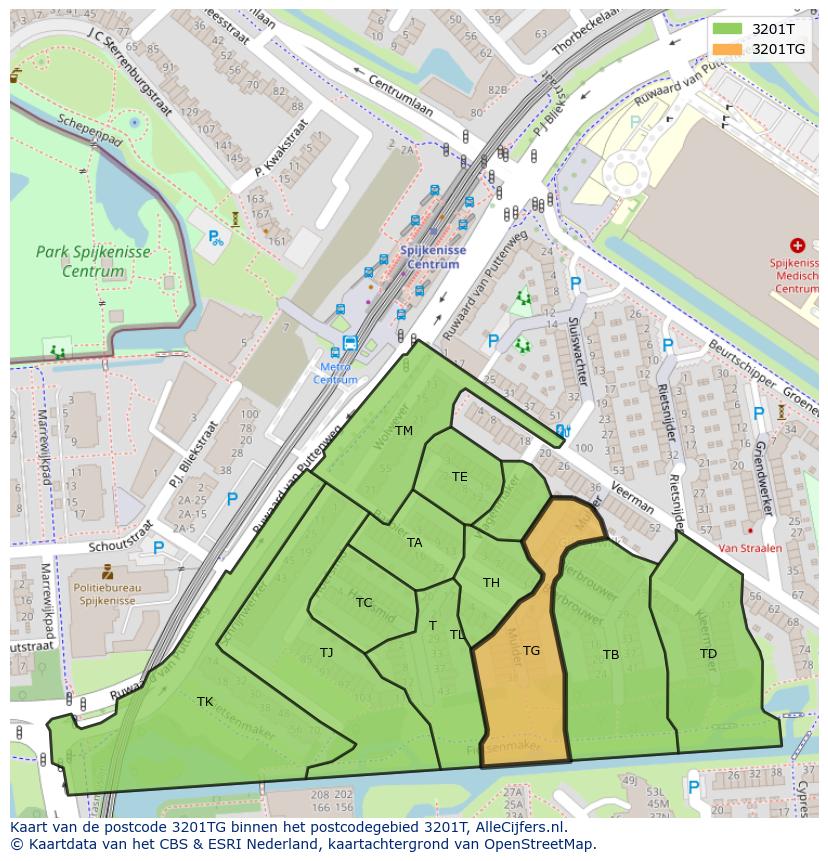 Afbeelding van het postcodegebied 3201 TG op de kaart.