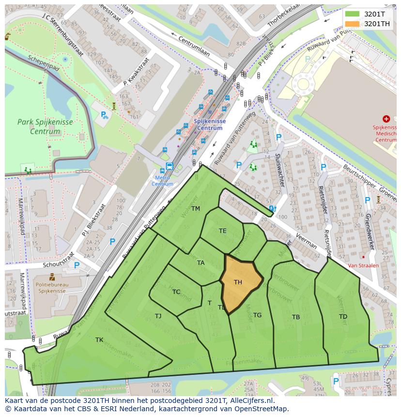 Afbeelding van het postcodegebied 3201 TH op de kaart.