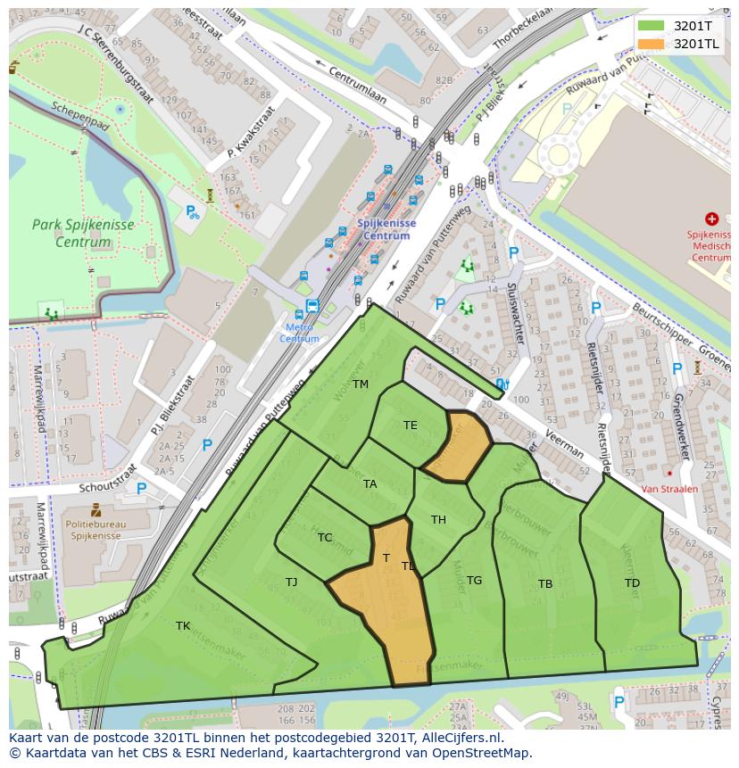 Afbeelding van het postcodegebied 3201 TL op de kaart.