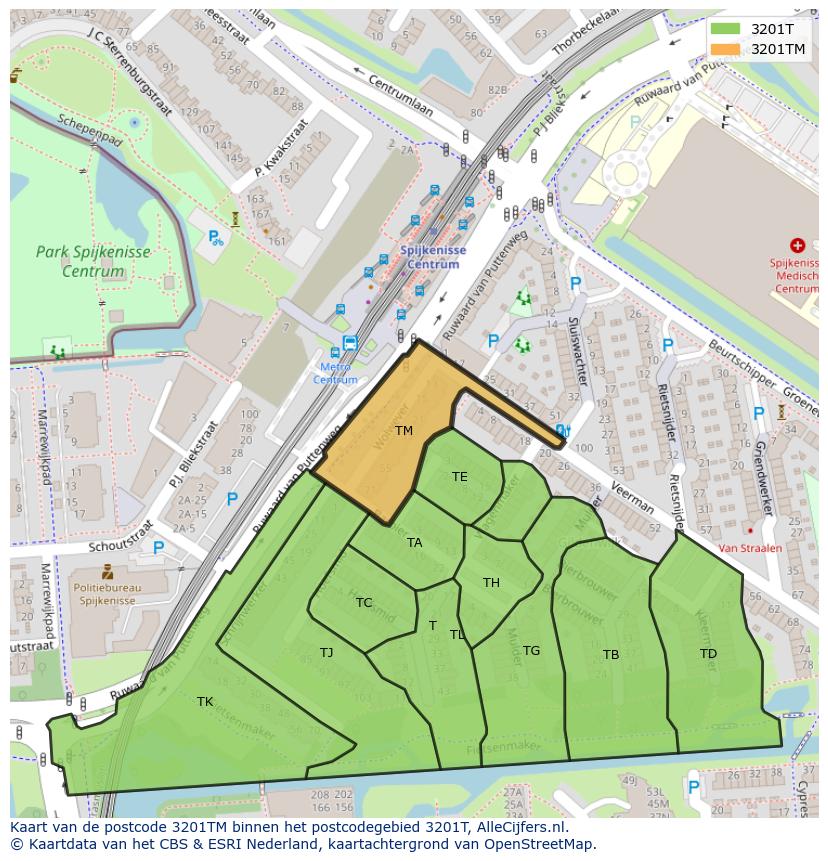 Afbeelding van het postcodegebied 3201 TM op de kaart.