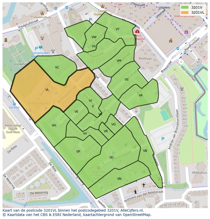 Afbeelding van het postcodegebied 3201 VL op de kaart.