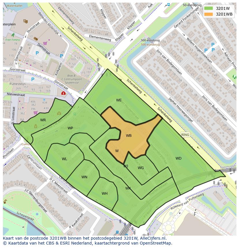 Afbeelding van het postcodegebied 3201 WB op de kaart.