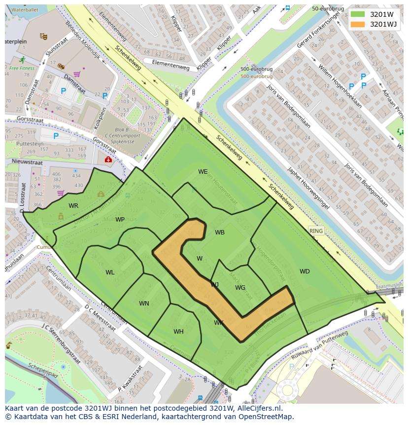 Afbeelding van het postcodegebied 3201 WJ op de kaart.
