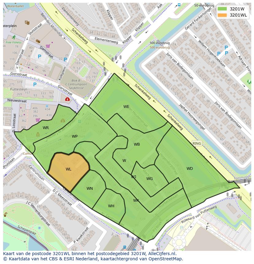 Afbeelding van het postcodegebied 3201 WL op de kaart.