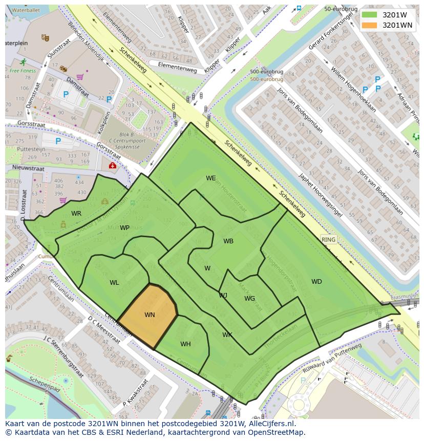 Afbeelding van het postcodegebied 3201 WN op de kaart.
