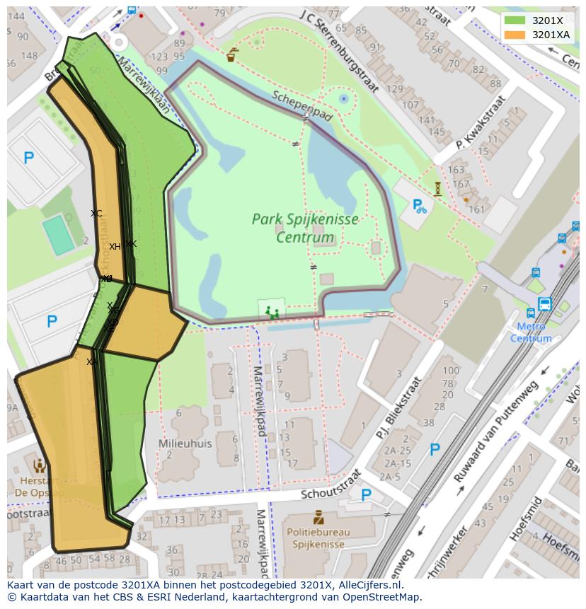 Afbeelding van het postcodegebied 3201 XA op de kaart.