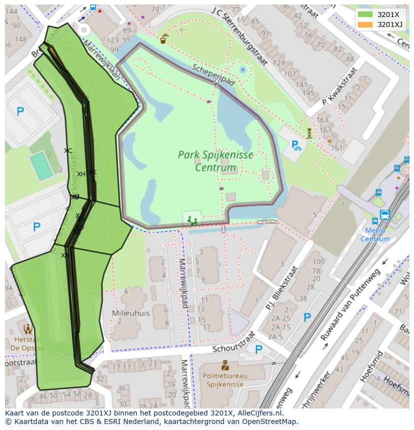 Afbeelding van het postcodegebied 3201 XJ op de kaart.