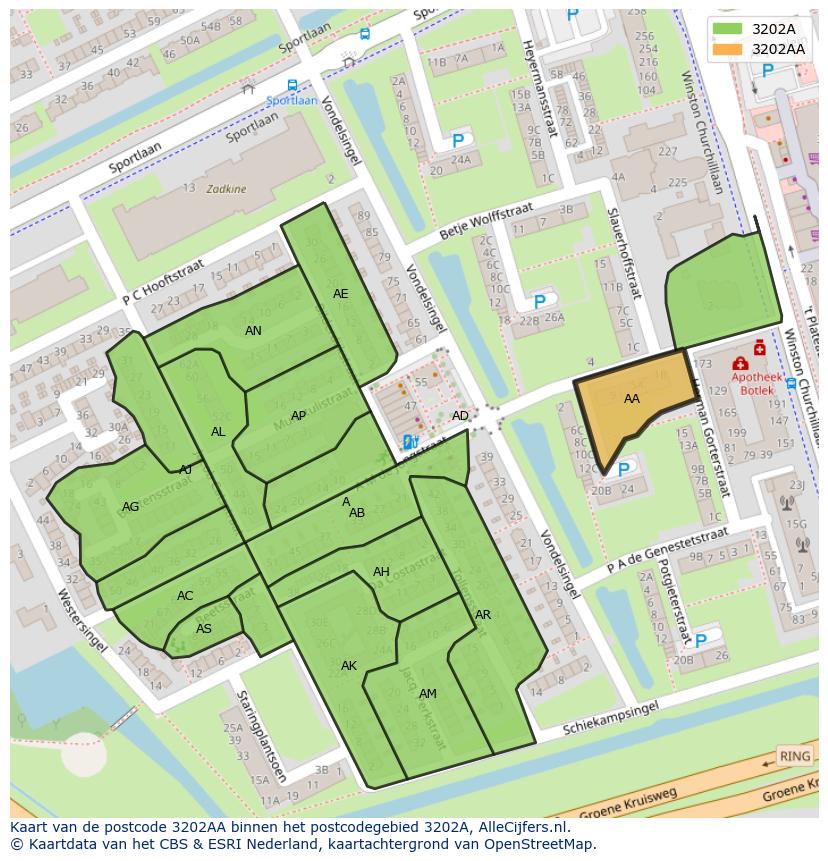 Afbeelding van het postcodegebied 3202 AA op de kaart.