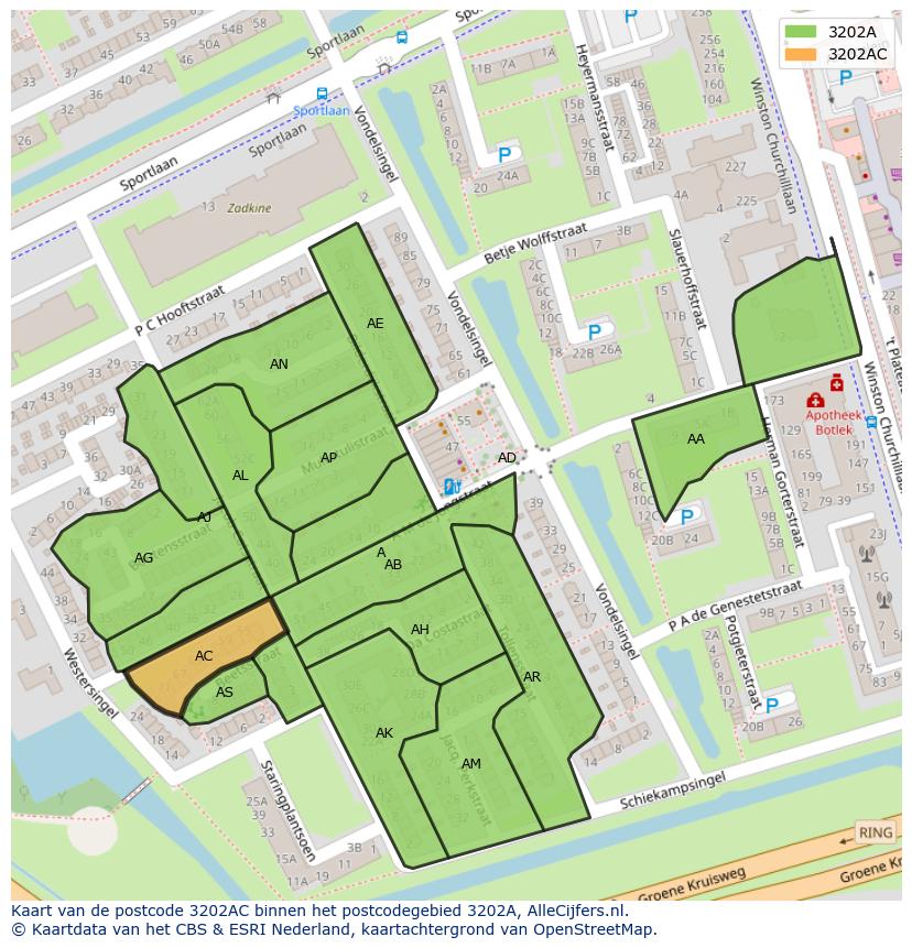 Afbeelding van het postcodegebied 3202 AC op de kaart.