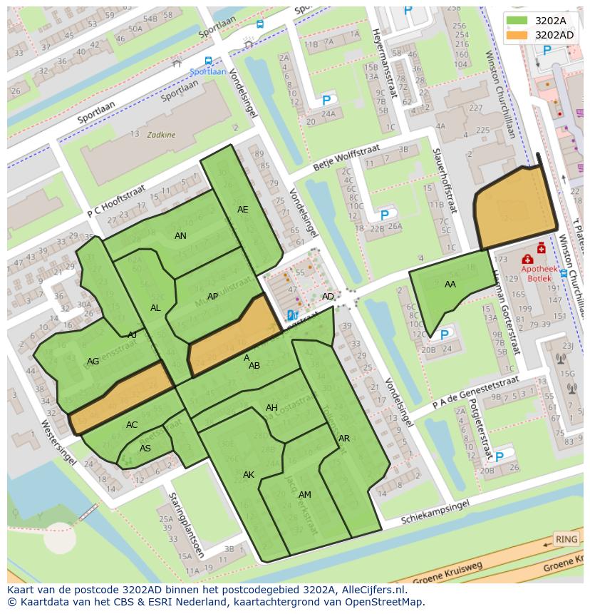 Afbeelding van het postcodegebied 3202 AD op de kaart.