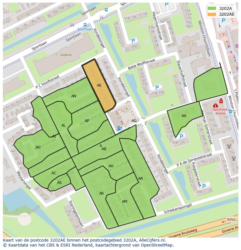 Afbeelding van het postcodegebied 3202 AE op de kaart.