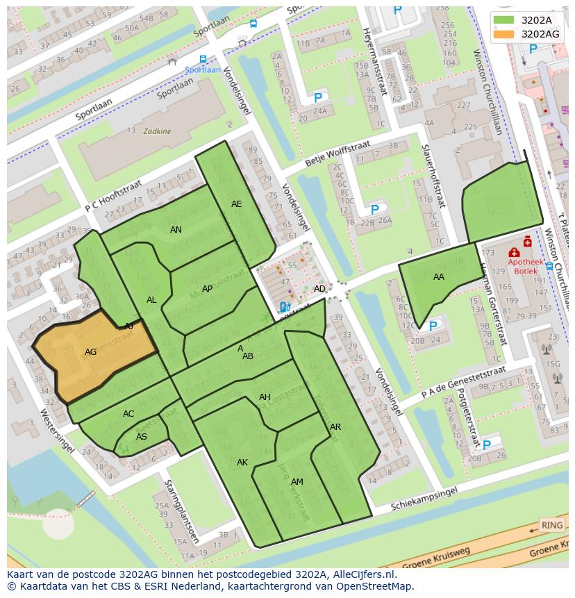 Afbeelding van het postcodegebied 3202 AG op de kaart.