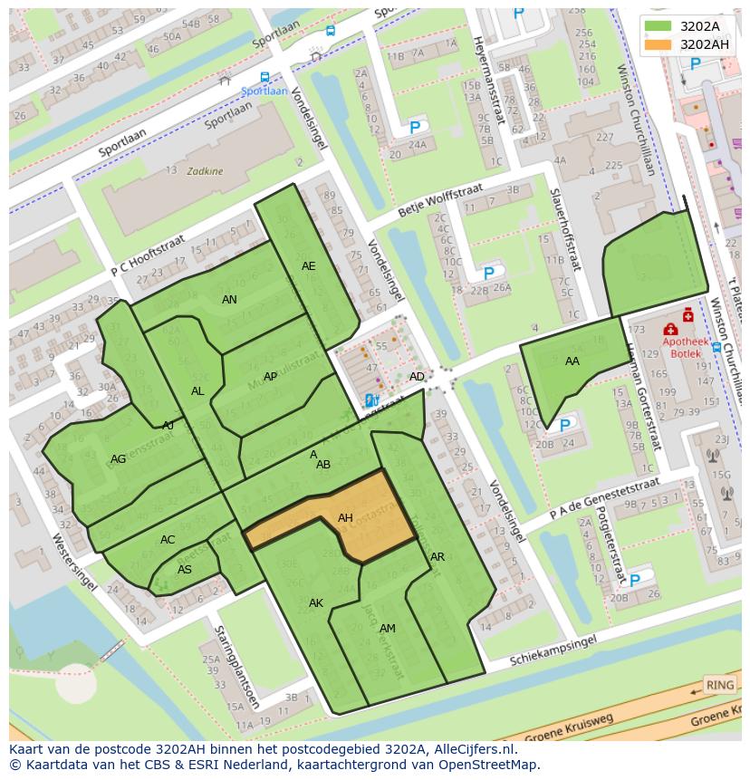 Afbeelding van het postcodegebied 3202 AH op de kaart.