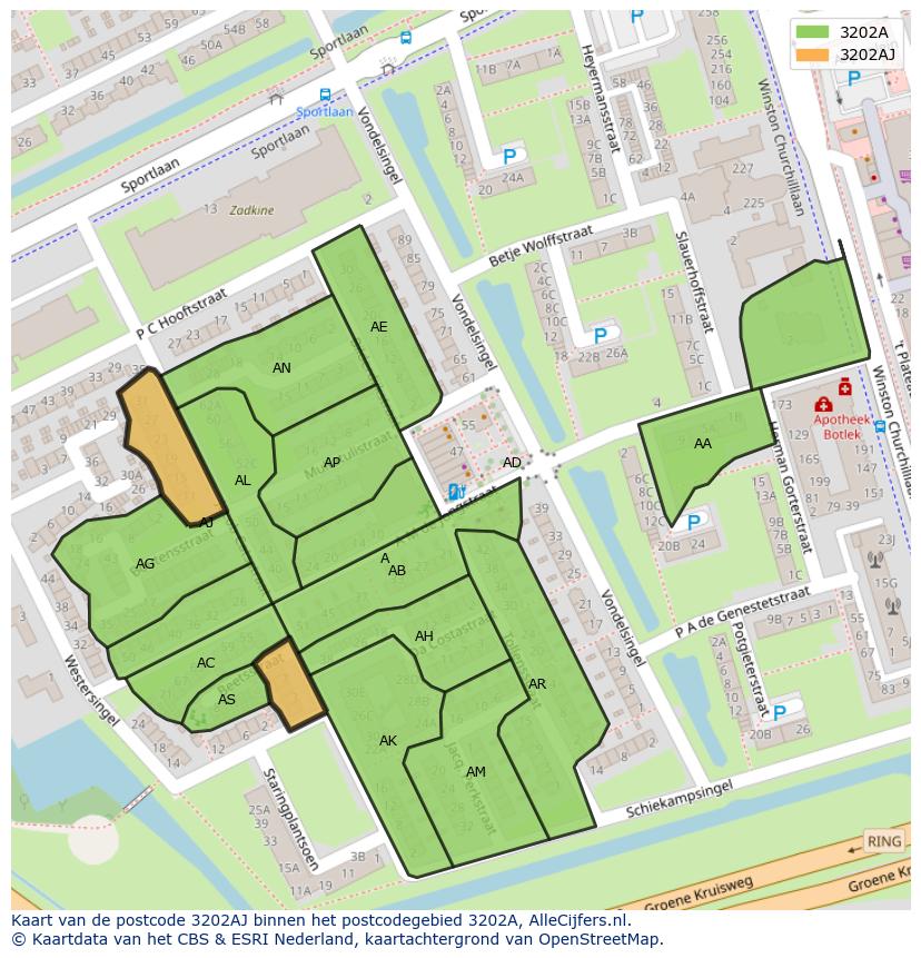 Afbeelding van het postcodegebied 3202 AJ op de kaart.