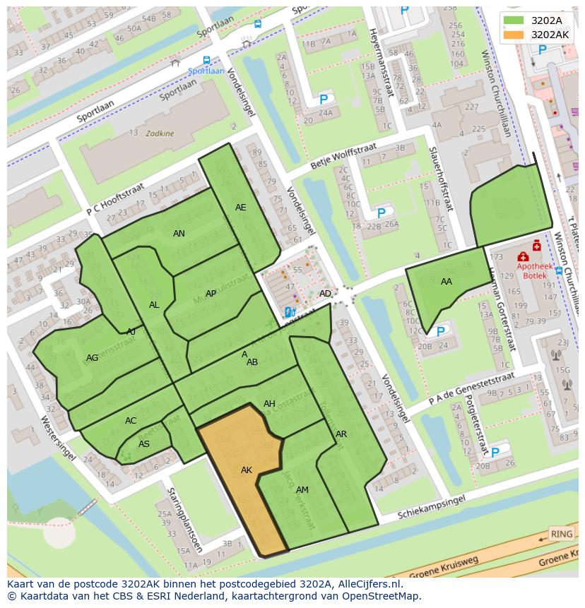 Afbeelding van het postcodegebied 3202 AK op de kaart.